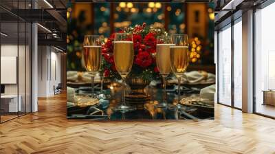 The party table on Christmas eve features a champagne flute adorned with golden glitter and red flakes Wall mural