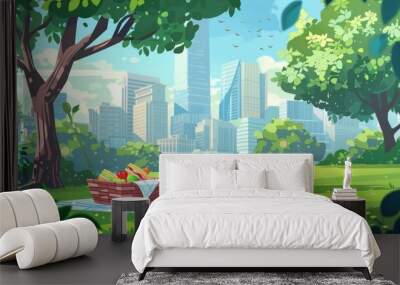 The picnic is a picnic on grass in a city park, with a basket of food, fresh fruit, sandwiches and a bottle of water on the ground, eating under a tree in a public garden. This is a modern cityscape Wall mural