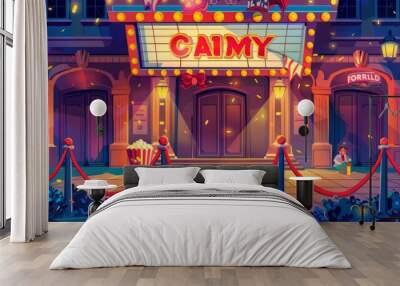 The poster depicts a movie festival, night event at a movie theater. Modern flyers featuring an illustration of a luxury cinema interior with a bookshop, popcorn shop, doors and a red rope fence. Wall mural