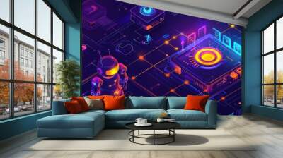 The product development and operations specialists work together at an isometric landing page with a big AI robot, a pie chart and a calendar. Software construction cycles 3D modern line art web Wall mural