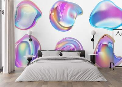 The rendering of an abstract holographic metal blob with rainbow gradient effect is rendered in 3D as an abstract holographic liquid shape with an iridescent chrome fluid bubble set isolated on Wall mural