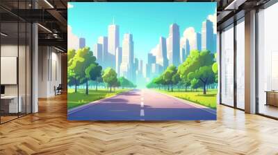 The scene shows a summer city scene with alleyways, streets, parks, and skycrapers on horizon. The scene shows a parallax modern background with an empty backstreet lane. Wall mural