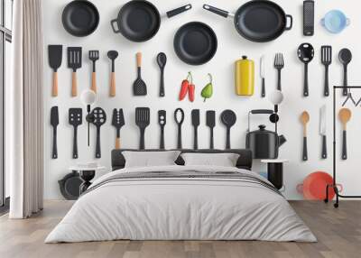 The set of 3d modern objects depicts kitchen utensils in top view, including pots, pans, plates. Wall mural