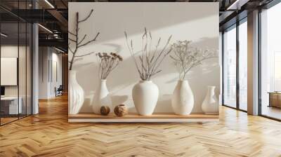 The set of two styles of natural teak wood shelves with vases for interior decor cutouts on a transparent background is made up of two styles. Wall mural