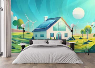 The solar energy technology cartoon landing page shows a house with solar panels on the roof, wind turbines to generate green renewable energy, organic architecture as the background, and a wind Wall mural