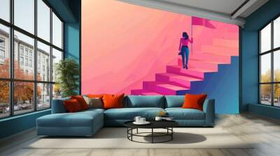 The success female entrepreneur or woman leader concept, success businesswoman holding winning flag looking for future visionaries at the top of a career staircase. Wall mural