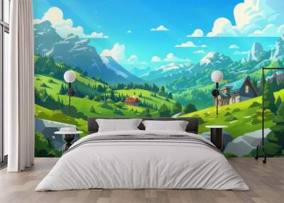 The summer landscape of countryside with cottage, fields, and rocks on horizon with a village house in a mountain valley with green meadows and trees. Modern illustration of summer landscape of Wall mural