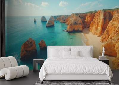 The sunrise over Ponta de Piedade on the Algarve coast. Aerial drone view Wall mural