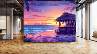 The tiki bar and wooden hut with tribal masks are set on the sea beach at sunset. Seascape with ocean, palm trees, and cafe are featured in this cartoon tropical landscape at sunset. Wall mural