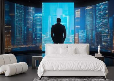 The view from the rear of a businessman looking at the night city and the digital interface. Mixed media, Businessman standing in front of a digital big screen hologram displaying business data, Wall mural