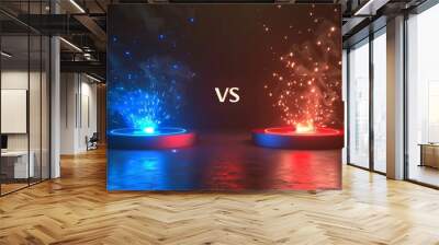 The VS sign with blue and red empty podiums, glowing sparks and smoke on a black background. Sport confrontation, martial arts combat, fight competition or challenge, realistic 3d modern Wall mural