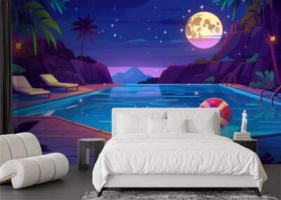 The water surface of a tropical summer resort's swimming pool is illuminated by the moon and stars in a dark sky, with an inflatable ball and rubber ring floating on top, as well as chaise lounges on Wall mural