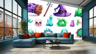 The witch cartoon game UI elements consist of a magic broom and a purple sorcerer hat, a fog and zombie hat with bones, and a ring with green gems. Wall mural