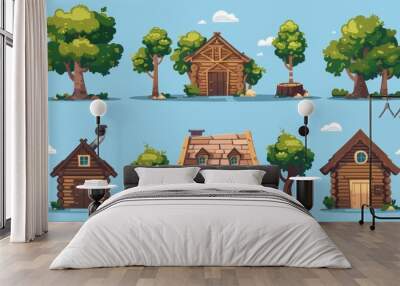 The wood cabin clipart is a modern set containing a summer forest house icon, a tree lodge and a window. Contains a timber cottage building on piles with a door, lodge and window. Wall mural