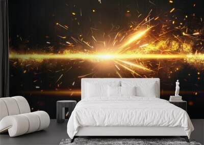 This black and white modern illustration depicts an iron cut effect with bright sparks and light lines. It is isolated on a transparent background with metal welding sparks and steel cutting lines, Wall mural