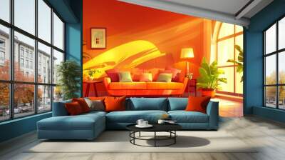 this cartoon modern illustration depicts an interior with a sofa and pillows, a lamp and side table, Wall mural