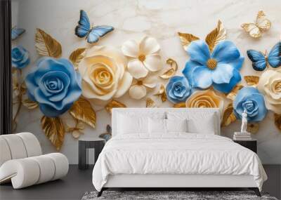 This elegant floral design features butterflies on a textured background in blue and beige Wall mural