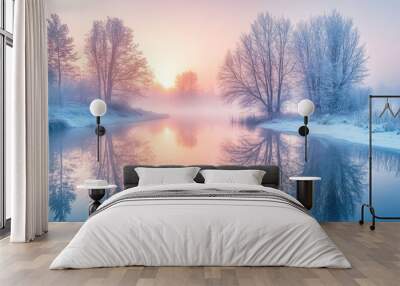 This illustration represents snow weather frozen sun frozen, reflection of cold weather, nature winter, and the beauty of the winter season Wall mural