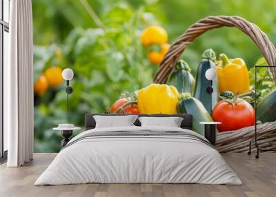 This image shows a wicker basket filled with various veggies including zucchinis, eggplants, cucumbers, onions, garlic, and green tomatoes against a green lettuce and tomato backdrop Wall mural