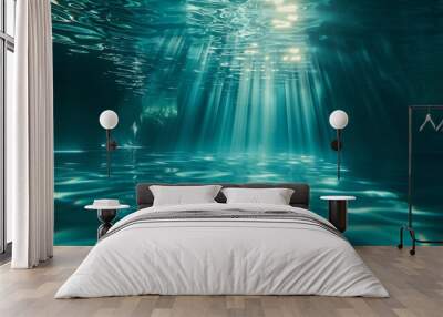 This is a 3D render of a swimming pool with colorful sunrays shining through it and underwater caustic. Wall mural