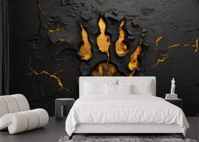 This is a gold lion paw slash scratch with burning rips on a modern halloween surface. This is an illustration of a bear damage mark with a glowing torn wall texture. Wall mural