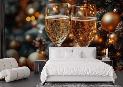 This is a New Year's Eve celebration concept featuring two glasses of champagne on a table surrounded by blurred lights and decorations. Wall mural