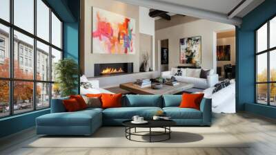 This is an interior design of a Japanese, minimalist style home with two white sofas and a rustic coffee table placed against a wall with a poster and a fireplace. Wall mural