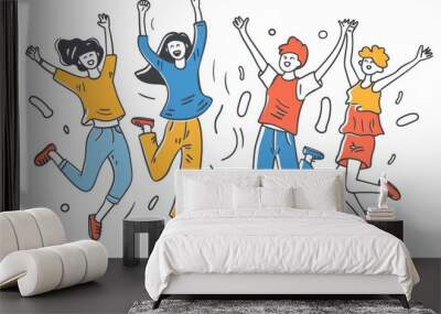 This modern illustration shows a group of people jumping with joy and excitement. It's a flat design style minimal illustration. Wall mural