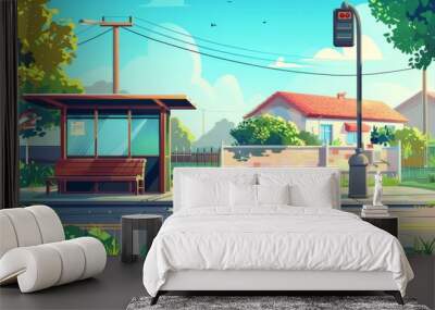 This modern illustration shows a tourist bus stop in the neighborhood surrounded by a residential suburb landscape, asphalt sidewalk, and villa exteriors. Wall mural