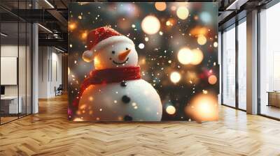 This photo of a wood tabletop on a blurred background of a bokeh christmas tree with snowfall is ideal for montaging or presenting your products Wall mural