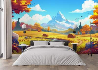 This piece depicts a rustic autumn meadow landscape, a field with dirt roads, a river, hay stacks, and a mountain on the horizon. This is a cartoon modern panoramic background of rural farmland Wall mural