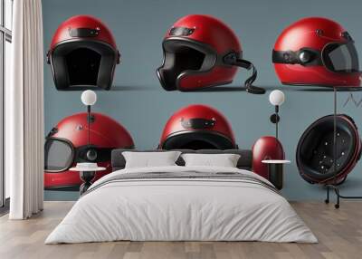 This realistic 3d modern set shows a red motorcycle helmet with glasses, retro biker headwear, vintage accessory. Driver round hat with glossy surface, black lining and belt is shown from front, back Wall mural