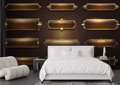 This set of 3d modern illustrations features medieval buttons, oblong banners, gold metal rims, and golden borders. Wall mural