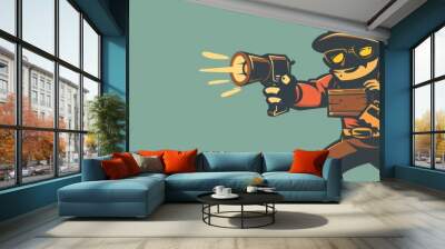 This vintage retro cartoon shows a robber with a flashlight and a toolbox wearing a mask. Wall mural