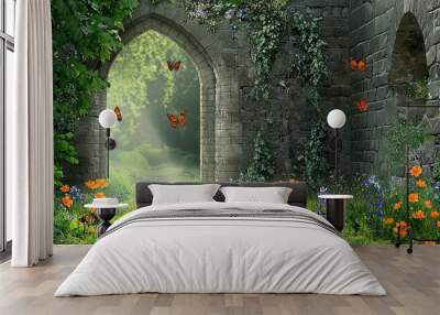 This wonderful secret fairytale garden is decorated with flower arches and lush greenery. Digital Painting Background, Illustration. Wall mural