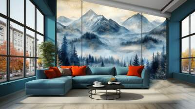 Three abstract watercolor mountain landscape wall art panels feature mountain views in blue and gold Wall mural