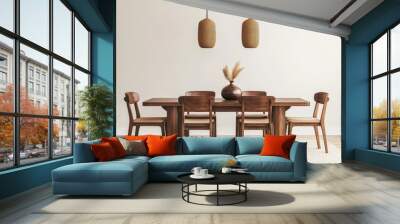 Three-dimensional design of modern dining room, dining table, and wooden chairs. Wall mural