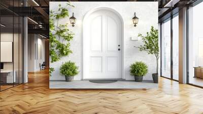 Three dimensional rendering of modern home with wooden door and white wall. Wall mural