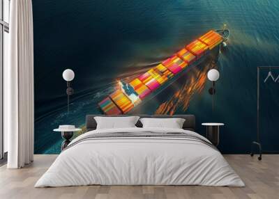 Top view of a vibrant cargo ship carrying good cargo on the ocean. Carrying goods efficiently, this ship is in good condition. Wall mural