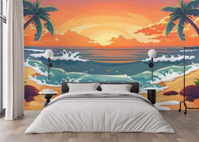 Top view of sunset beach. Orange ocean shore tropical landscape journey banner template. Hawaii resort coastline brochure. Summer cartoon island in sea water illustration. Wall mural