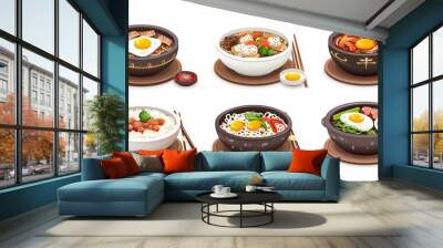 Traditional Korean food collection with cartoon modern illustrations in bowls and chopsticks. Oriental style meals of soups and noodles, meat and eggs, vegetables and spices on plates. Wall mural