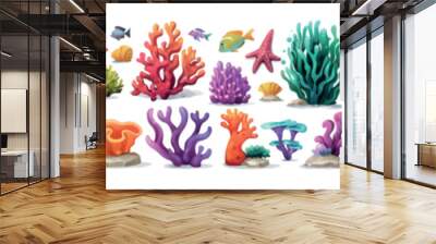 Tropical sea life illustration set with brightly colored seaweed and algae, corals and reefs, and fish. Cartoon illustrations of aquarium or ocean life. Wall mural