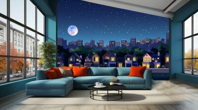 Typical suburban houses, night suburban street with residential cottages and city skyline, countryside two storey building with a garage, moon and starry sky. Modern illustration. Wall mural