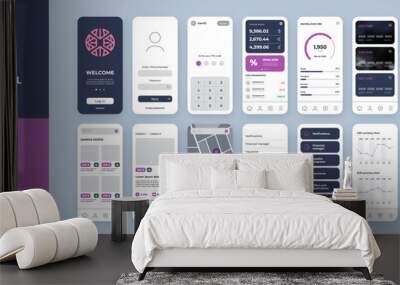 UI UX mobile app design template with pink logo and violet background. Include main screen, login, menu, credit cards, chat, charts, shop, calendar and map. Wall mural