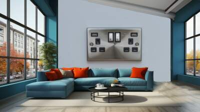 UK brushed brushed stainless steel double socket, with usb charging points, on grey wall. Wall mural