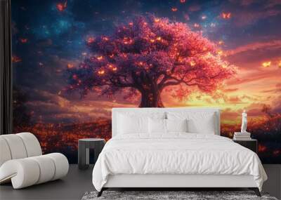 Under a starry night sky, a mystical tree with glowing pink and blue leaves creates a fantasy atmosphere. Wall mural