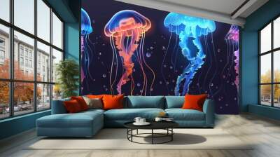 Underwater exotic animals of different colors and shapes floating in water. A modern set of cute transparent underwater creatures. Wall mural