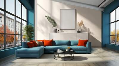 Using a 3D render of the interior of a modern living room as a background for the frame mockup Wall mural