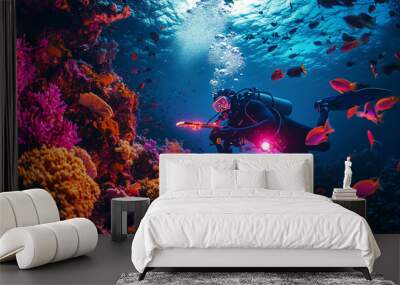 vibrant coral reef with diver exploring - underwater scuba diving photography Wall mural