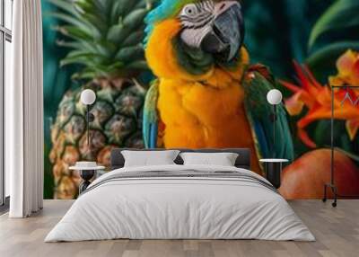 Vibrant parrot amidst tropical fruits and juice, capturing the essence of exotic wildlife a healthy Wall mural